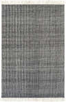 Close-up of the hand woven Morrisburg Wool Tassel Carpet. Charcoal, cream, and gray rug with a vertical striped pattern. Design-Rectangle-576