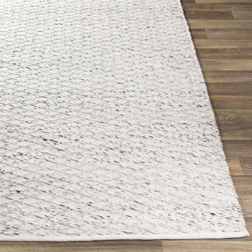 Close-up of the hand woven Martin Area Rug in black and ivory, showing texture and pattern. Front