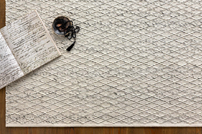 Close-up of the hand woven Martin Area Rug. Features a black and ivory contemporary design and natural fiber look. Styleshot