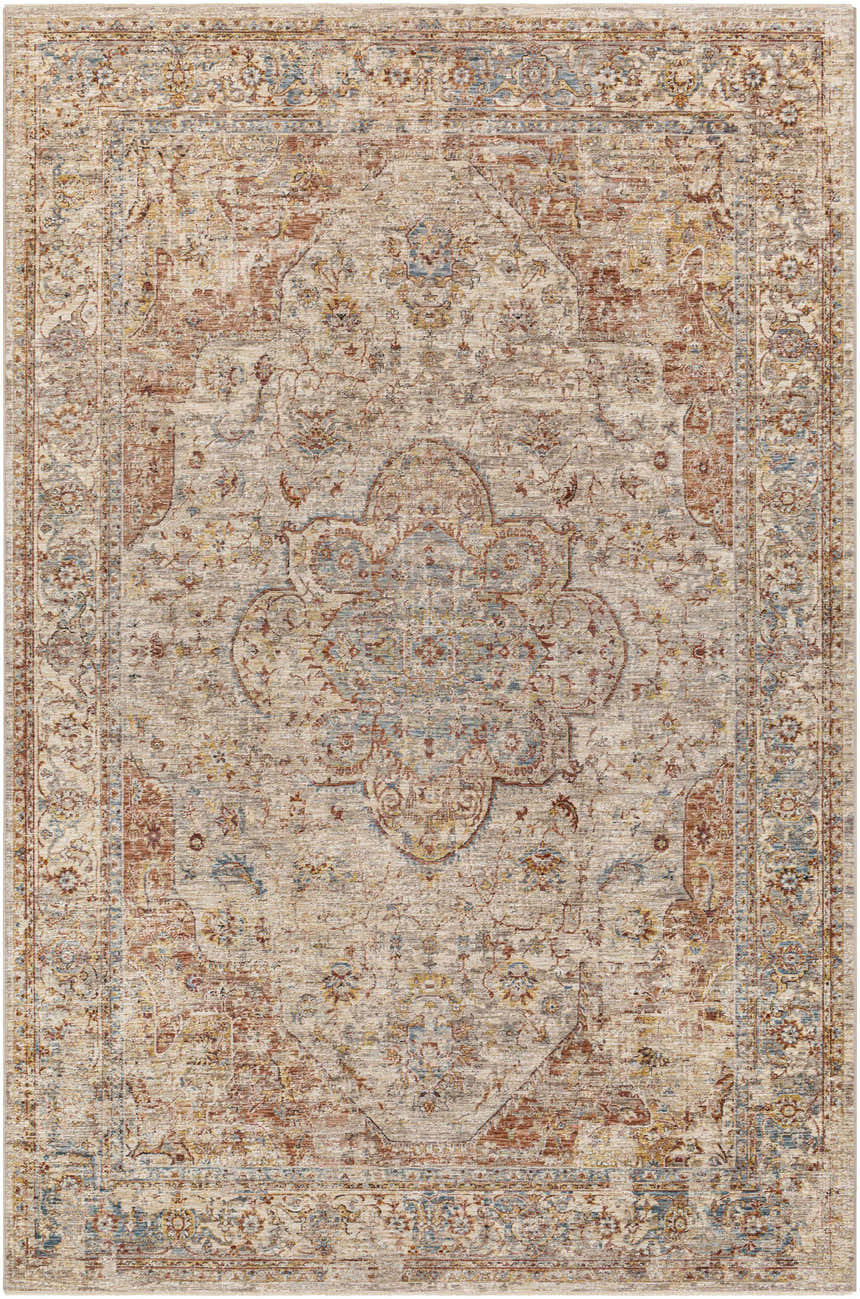 Detailed view of the Marieville Luxe Performance Rug, featuring a traditional oriental pattern in cream, brick red, and blue. Design-Rectangle-6796
