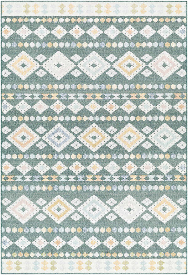 Close-up of Metta Medium Green Area Rug with diamond pattern in blue, cream, mustard, navy, and olive hues. Coastal style. Design-Rectangle-537
