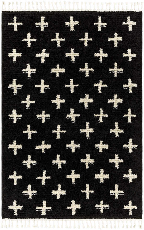 Close-up of the Anda White Cross on Black Plush Rug, featuring a plus sign pattern and white fringe. Design-Rectangle-537