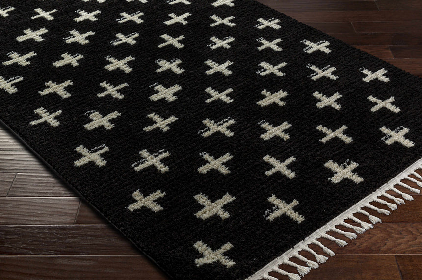 Anda White Cross on Black Plush Rug