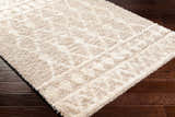 Close-up of the light peach Maso Shag Area Rug showing its plush texture and subtle geometric pattern on dark wood floors. Corner