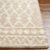 Close-up of the plush Maso Shag Area Rug. Cream and beige geometric shag rug on a wood floor. Front