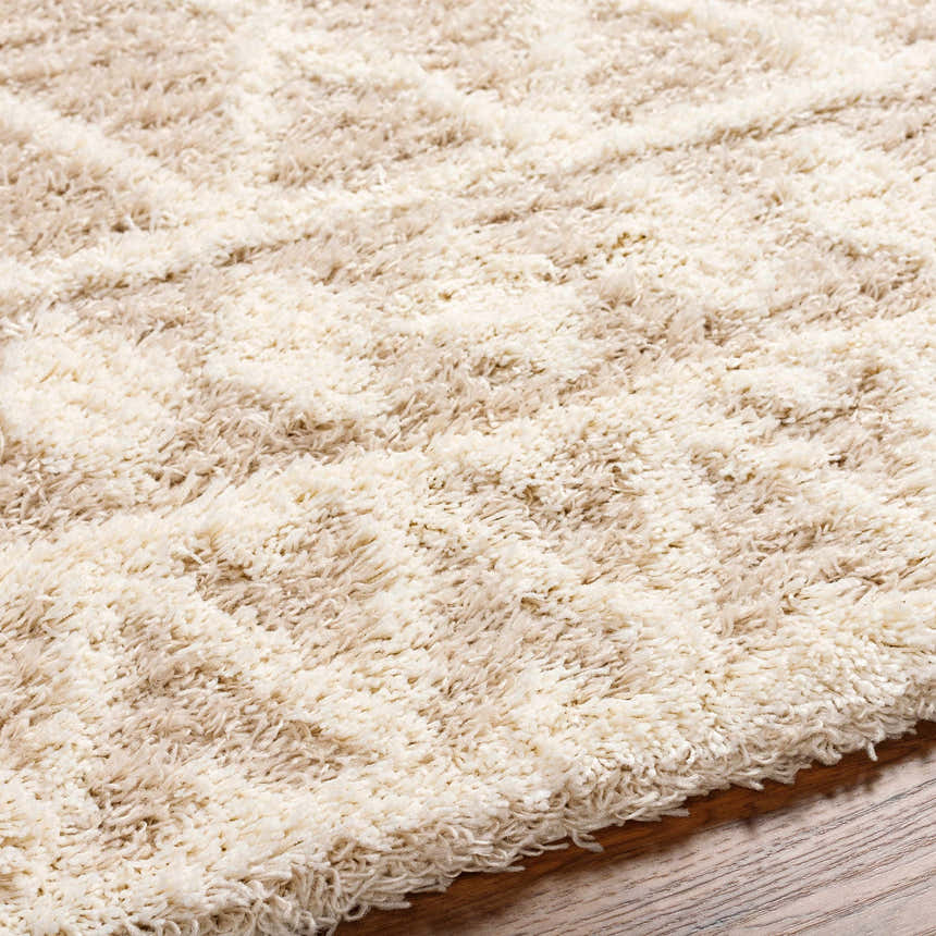Close-up of the plush Maso Shag Area Rug, featuring a geometric pattern in gray, light peach, and nutmeg tones. Texture