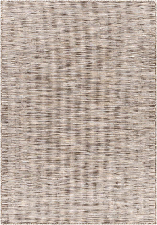 Close-up of the Muhlenberg Indoor & Outdoor Rug. Brown, cream, and tan woven texture. Contemporary farmhouse style. Design-Rectangle-537
