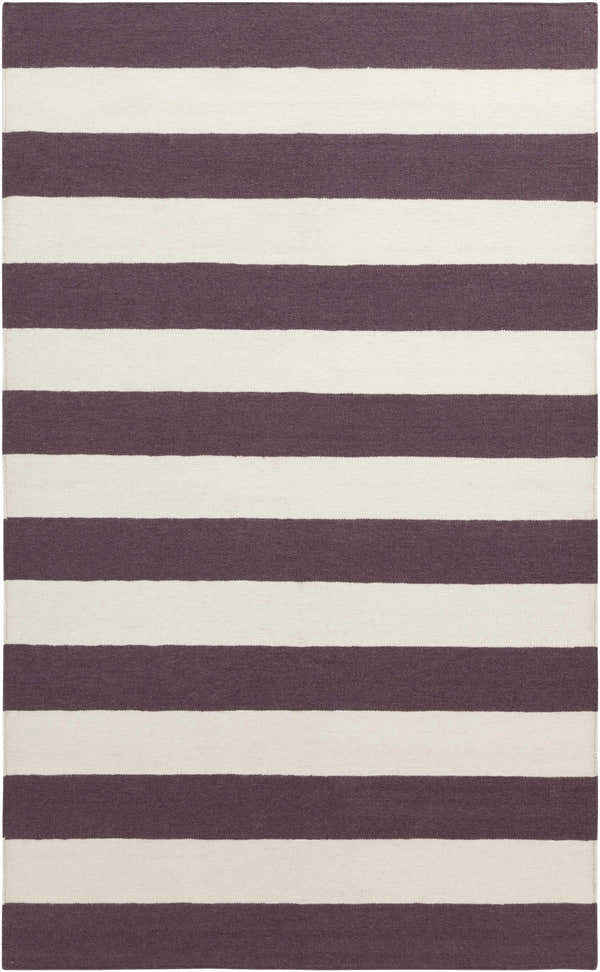 Close-up of the Muir Area Rug. Hand-woven 100% wool rug in ivory and plum stripes. Design-Rectangle-58