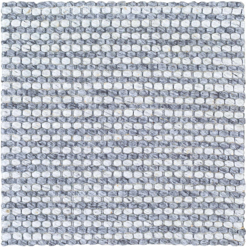 Close-up of the hand woven Mulgoa Area Rug. Medium gray and white wool create a contemporary striped pattern. Swatch