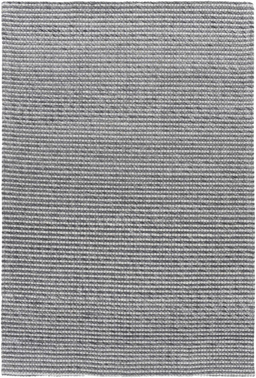 Close-up of the hand woven Mulgoa Area Rug. Medium gray wool and polyester create a textured, contemporary design. Design-Rectangle-576