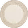 Close-up of the round Muncie Area Rug. Beige and brown stripes radiate from the center. Contemporary style. Design-Round-73