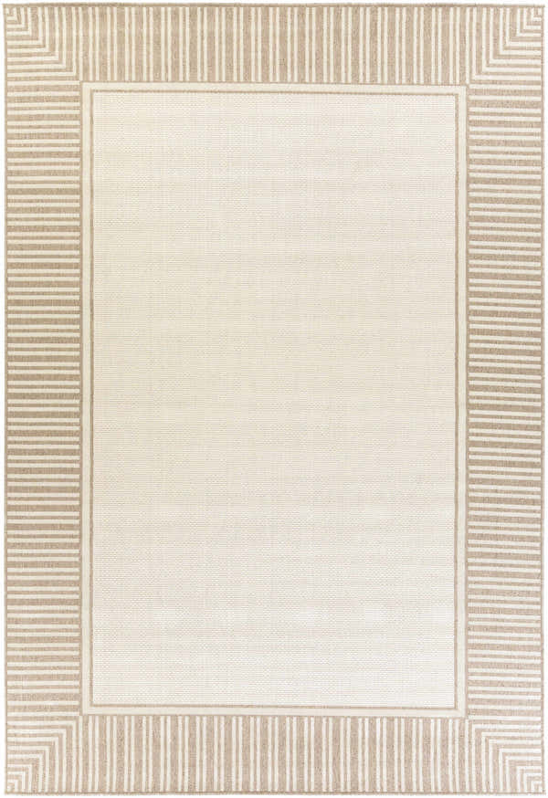 Close-up of Muncie Area Rug. Beige rug with a brown striped border in a contemporary farmhouse style. Design-Rectangle-76109