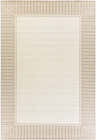 Close-up of Muncie Area Rug. Beige rug with a brown striped border in a contemporary farmhouse style. Design-Rectangle-76109