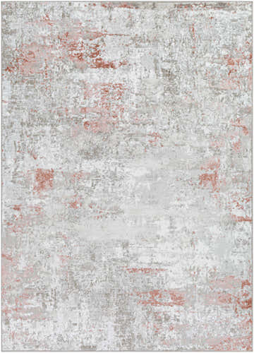 Close-up of the Musabeyli Area Rug. Contemporary rug with brick red, cream, and light brown abstract pattern. Design-Rectangle-537