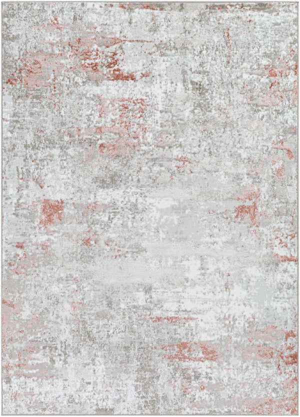 Close-up of the Musabeyli Area Rug. Contemporary rug with brick red, cream, and light brown abstract pattern. Design-Rectangle-537