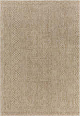 Close-up of the Epson Dark Beige Indoor Outdoor Area Rug, featuring a subtle geometric pattern and woven texture. Design-Rectangle-5377