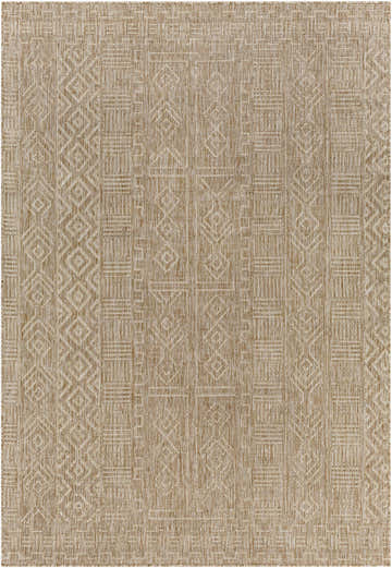 Close-up of the Epson Dark Beige Indoor Outdoor Area Rug, featuring a subtle geometric pattern and woven texture. Design-Rectangle-5377