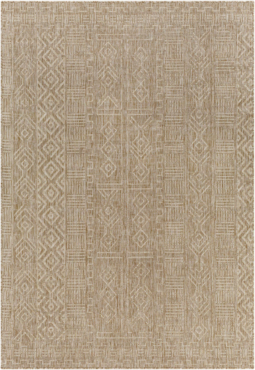 Close-up of the Epson Dark Beige Indoor Outdoor Area Rug, featuring a subtle geometric pattern and woven texture. Design-Rectangle-5377
