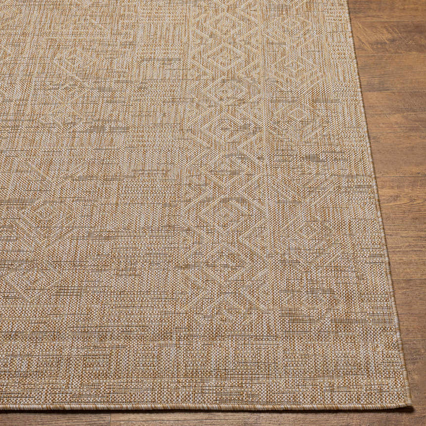 Close-up of the Epson Dark Beige Indoor/Outdoor Area Rug showing its woven texture and geometric pattern in beige and light brown. Front