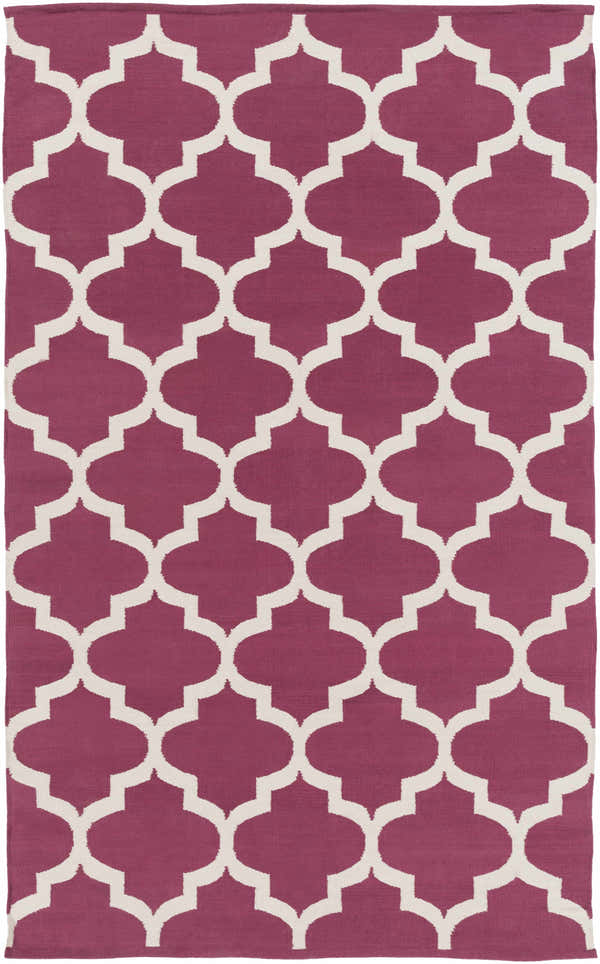 Close-up of Muskogee Magenta Lattice Rug. Hand woven cotton rug with bright pink and ivory quatrefoil pattern. Design-Rectangle-58