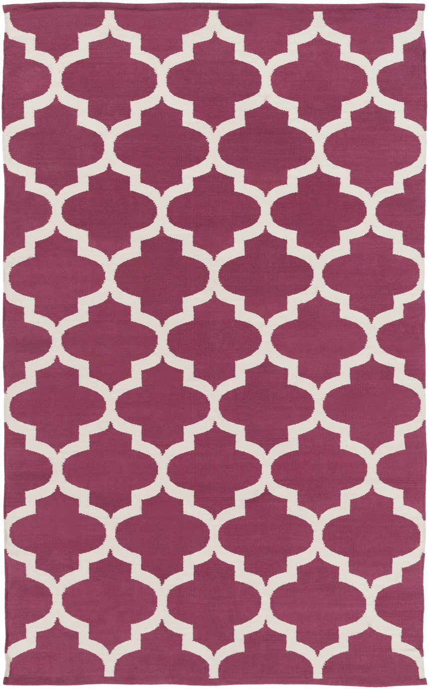 Close-up of Muskogee Magenta Lattice Rug. Hand woven cotton rug with bright pink and ivory quatrefoil pattern. Design-Rectangle-58