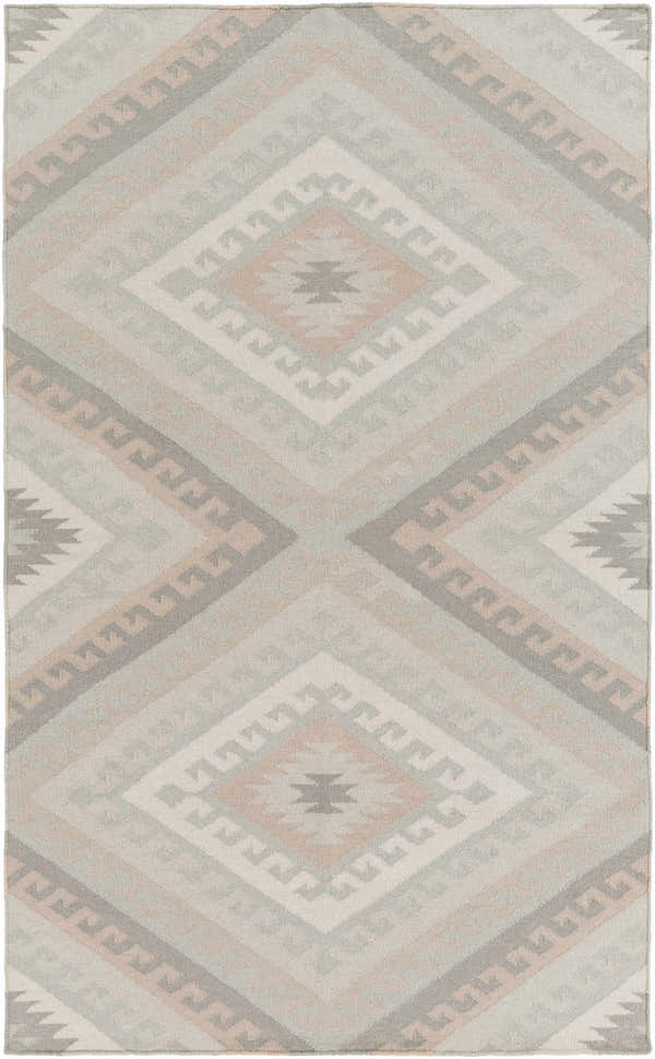 Top-down view of the Mutual Area Carpet. Hand-woven wool rug in gray, light gray, and slate with a contemporary diamond pattern. Design-Rectangle-576