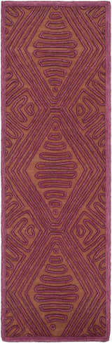 Close-up of Mylo Area Rug. Hand-woven wool rug in burnt orange with mauve and plum geometric diamond pattern. Design-Runner-268