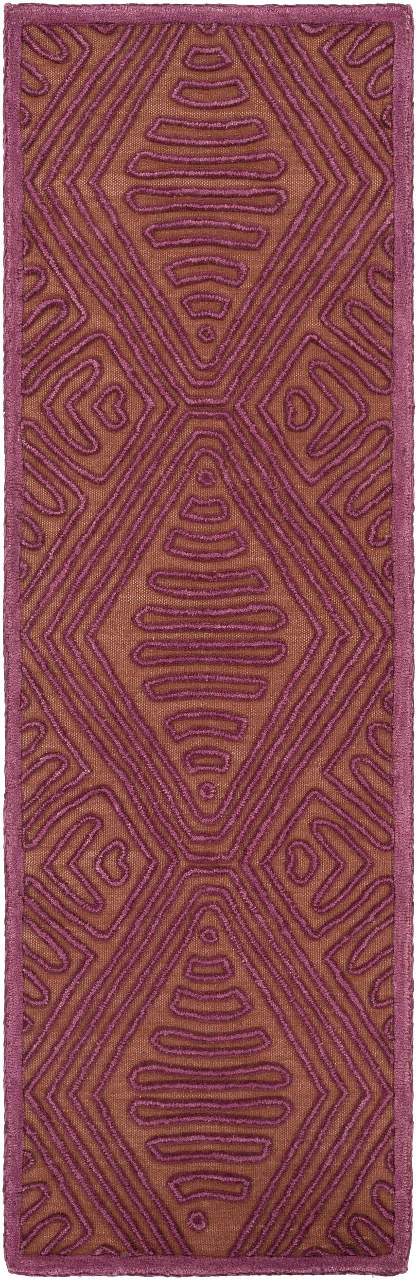 Close-up of Mylo Area Rug. Hand-woven wool rug in burnt orange with mauve and plum geometric diamond pattern. Design-Runner-268