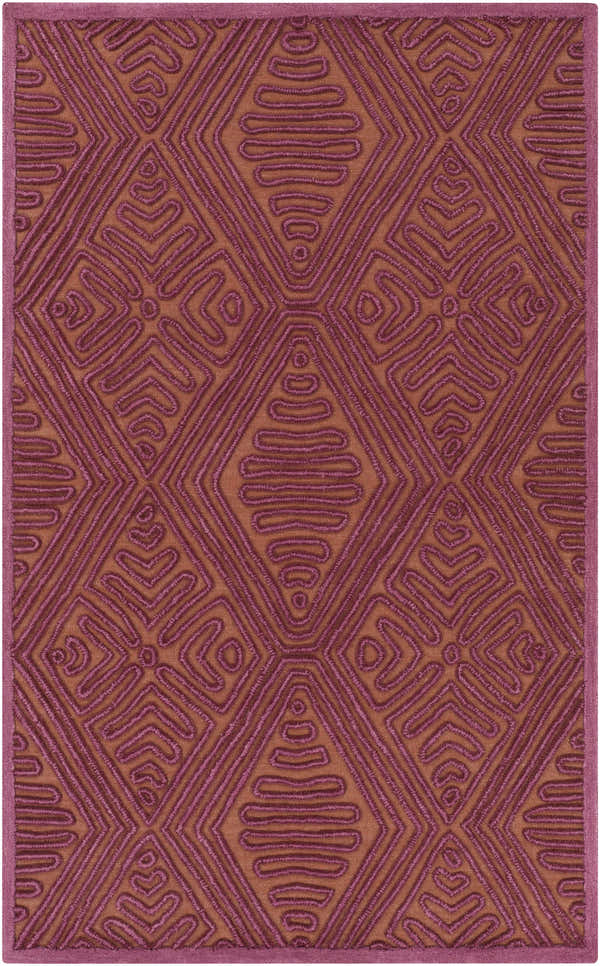 Close-up of Mylo Area Rug. Hand-woven wool rug with geometric diamond pattern in burnt orange and mauve hues. Design-Rectangle-576
