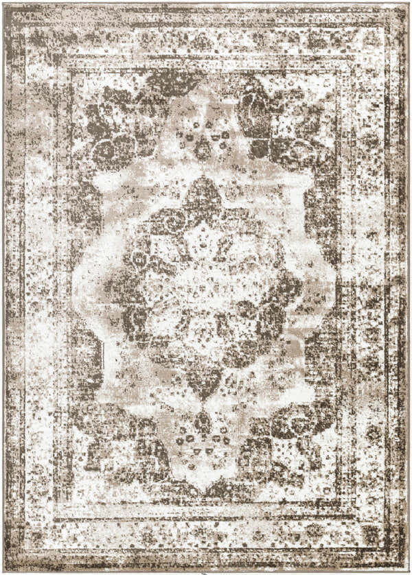 Close-up of the Naara Area Rug - Clearance, featuring a traditional floral pattern in charcoal, ivory, and brown tones. Design-Rectangle-5373