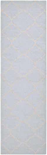 Close-up of the hand woven Nadeau Area Rug. Pale blue wool with a tan geometric trellis pattern. Design-Runner-268