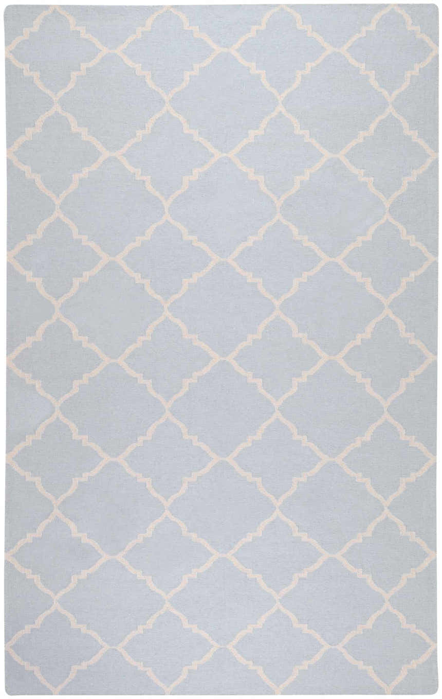 Close-up of the Nadeau Area Rug. Pale blue wool rug with a tan quatrefoil pattern. Hand woven. Design-Rectangle-58