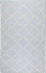 Close-up of the Nadeau Area Rug. Pale blue wool rug with a tan quatrefoil pattern. Hand woven. Design-Rectangle-58