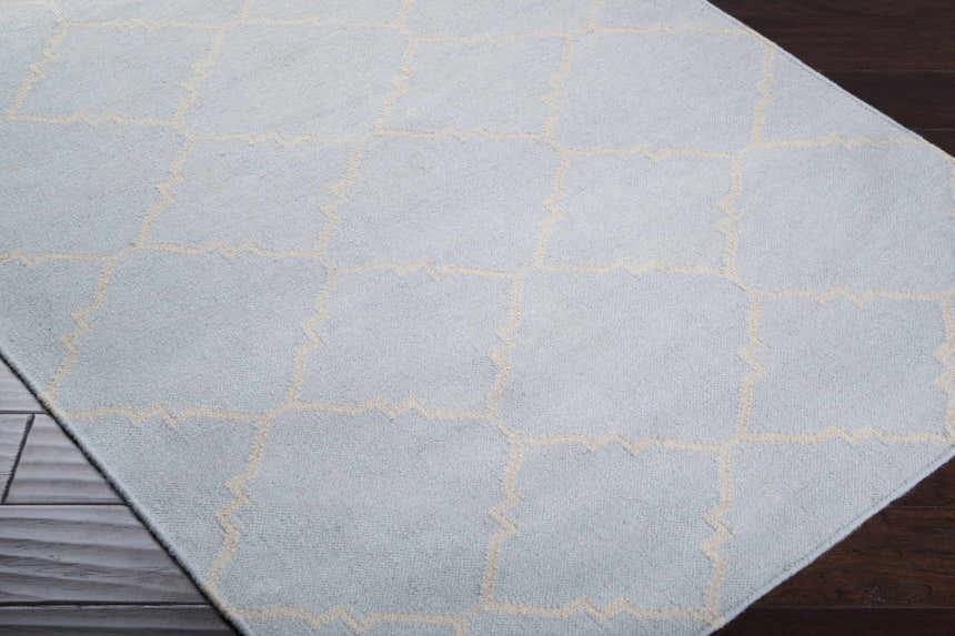 Close up of the hand woven Nadeau Area Rug. Pale blue wool with a tan geometric pattern. Corner