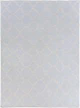 Close-up of the Nadeau Area Rug. Pale blue wool rug with a tan geometric trellis pattern. Hand woven. Design-Rectangle-811