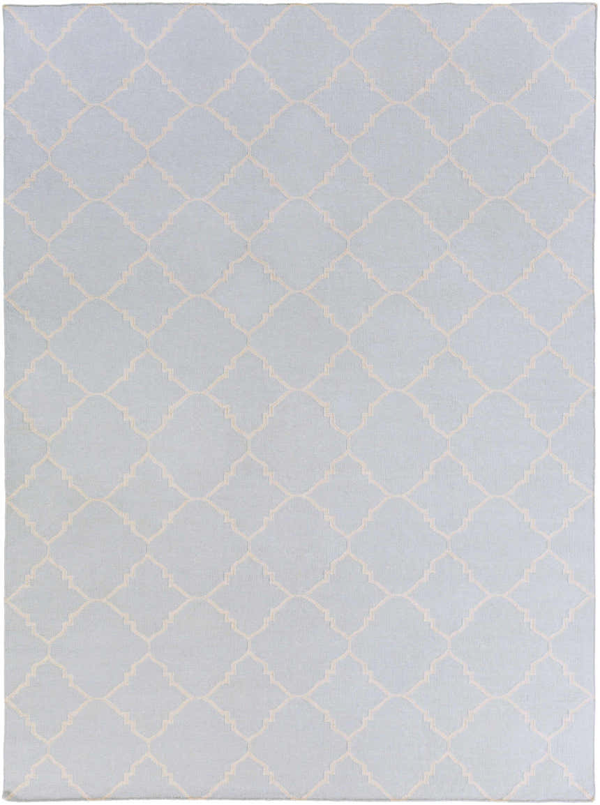 Close-up of the Nadeau Area Rug. Pale blue wool rug with a tan geometric trellis pattern. Hand woven. Design-Rectangle-811