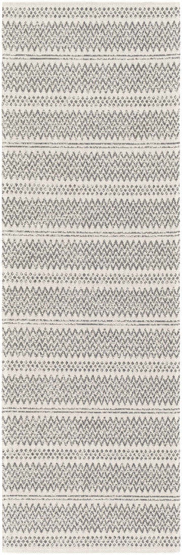 Close-up of Nalcrest Washable Area Rug. Gray and white cotton rug with a woven bohemian-style geometric pattern. Design-Runner-2773