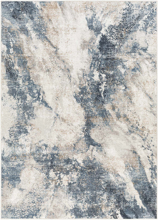 Close-up of the Napierville Blue Marble Rug, showcasing its charcoal, ivory, and blue abstract pattern. Design-Rectangle-537
