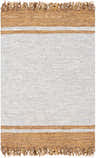 Close-up of the Narooma Clearance Rug. Handwoven leather rug in light slate and tan with a fringed edge. Design-Rectangle-576