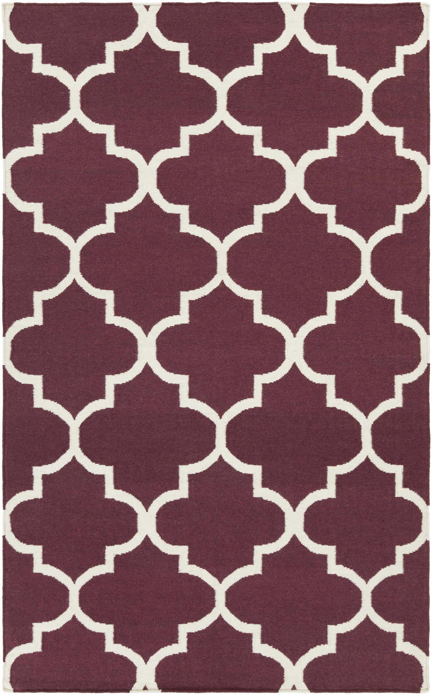 Close-up of Nassau Area Rug. Dark purple wool rug with an ivory quatrefoil pattern, hand woven. Design-Rectangle-58