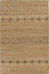Close-up of the hand woven Nasugbu Jute Carpet, featuring a geometric pattern in tan and black. Design-Rectangle-576