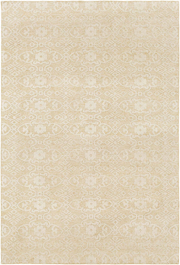 Close-up of Natalbany Area Carpet. Hand-knotted wool rug in ivory and wheat with a traditional floral and geometric pattern. Design-Rectangle-69