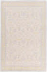 Close-up of the hand-knotted Navarino Area Rug. Traditional design in light beige, dusty pink, and mustard tones. Design-Rectangle-5686