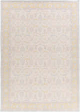 Close-up of the Navarino Area Rug. Hand-knotted wool rug in light beige with denim, dusty pink, and mustard traditional pattern. Design-Rectangle-811