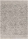 Close-up of the Naylor Beige/Charcoal Rug. Features a geometric triangle pattern and circle border design. Farmhouse style. Design-Rectangle-5373