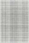 Close-up of the Nissa Gray Blue Checkered Wool Rug, featuring a light silver and slate blue striped pattern. Hand-woven texture. Design-Rectangle-576