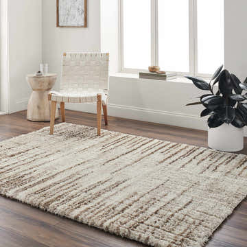 Living room scene with neutral decor and the Nelia Area Rug in beige and light brown. Roomscene-Rectangle
