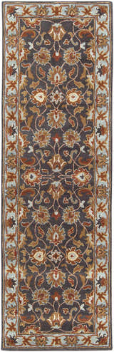 Close-up of the hand-tufted Cherryfield 1004 wool rug. Features a traditional floral pattern in beige, burnt orange, and slate blue. Design-Runner-268