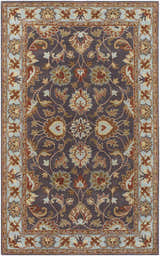Detailed floral pattern on the Cherryfield 1004 wool rug. Beige, burnt orange, charcoal, and blue hues. Design-Rectangle-58