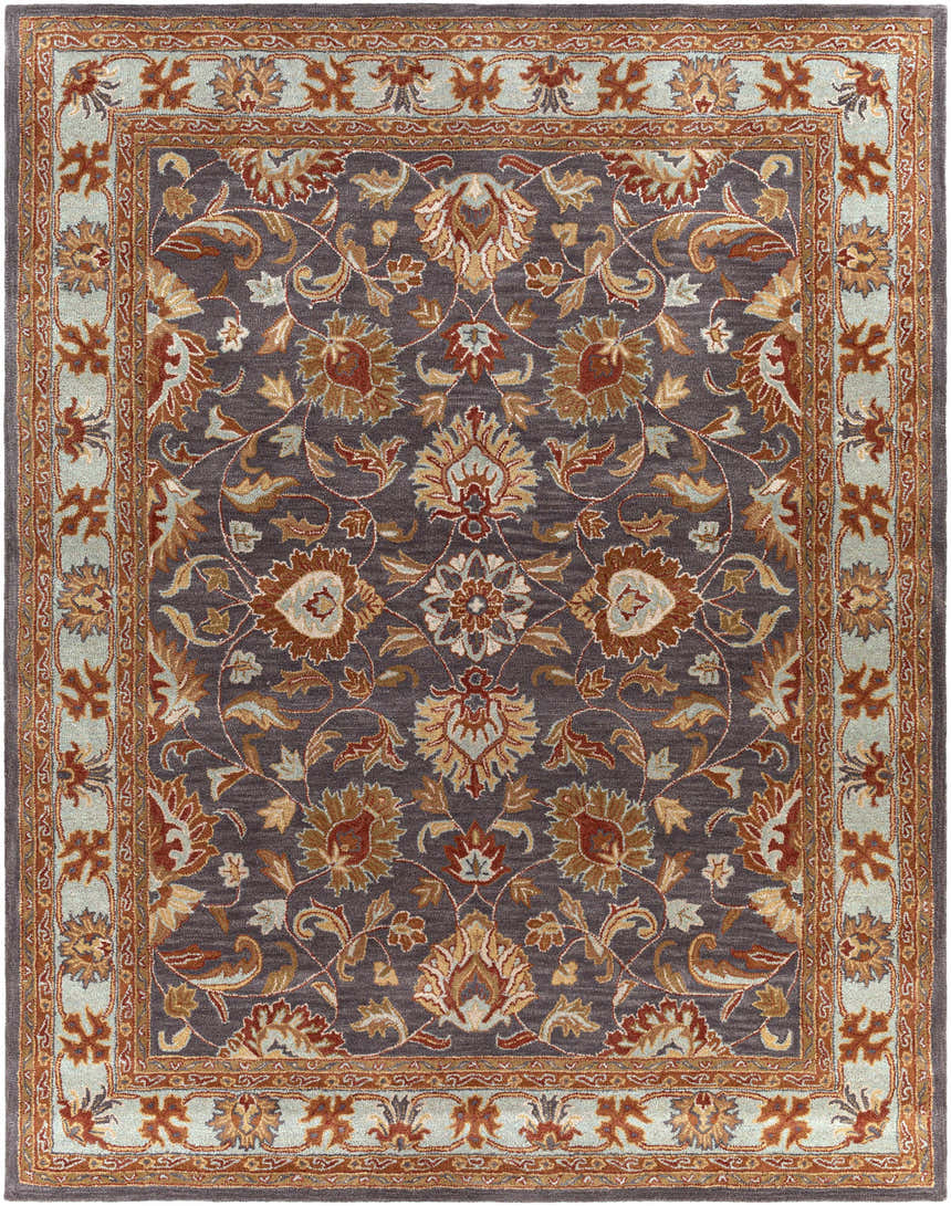 Close-up of the Cherryfield 1004 rug. Hand-tufted wool rug with a traditional floral pattern in beige, burnt orange, and slate blue. Design-Rectangle-7696
